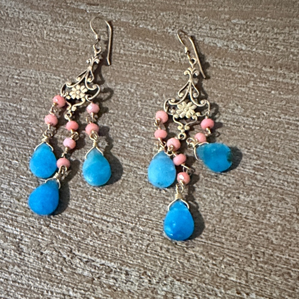 Elegant Gold-Tone Chandelier Earrings with Blue Teardrops and Pink Beads